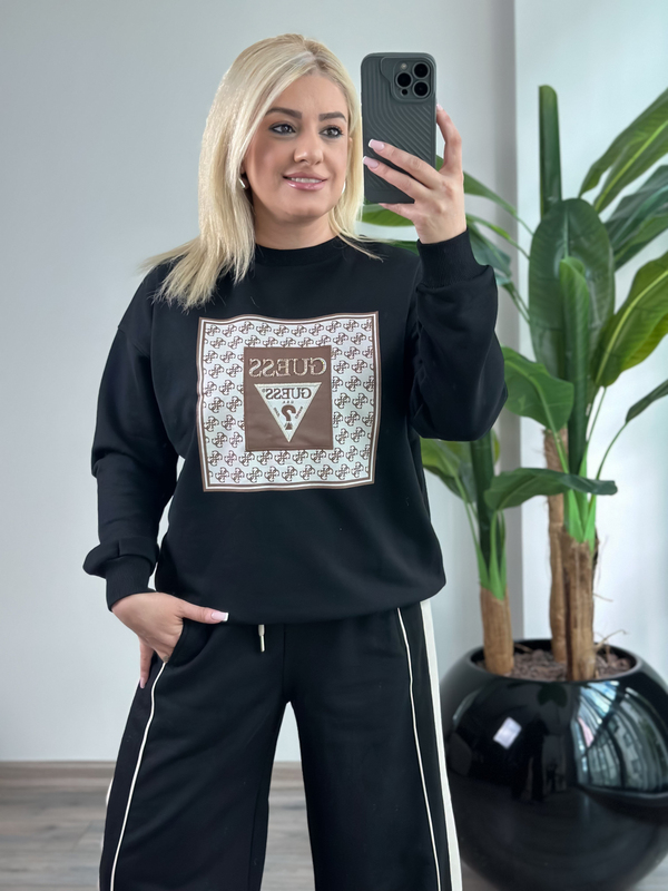 Kare Desenli Baskılı Sweatshirt SİYAH-23KUST000142