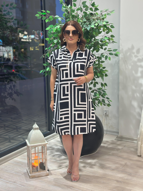 Kare Desenli Polo Elbise SİYAH BEYAZ-23YELB000161