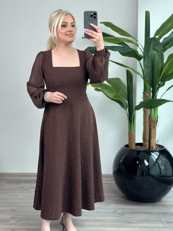 Kare Yaka Şifon Kol Taşlı Elbise KAHVE-23MeELB00038