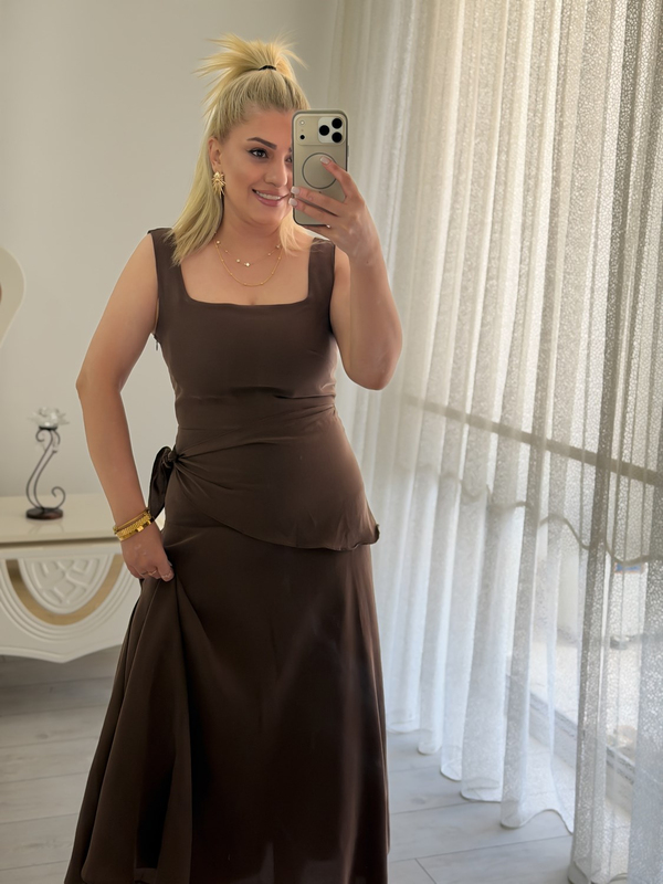 Kare Yaka  Tensel Kumaş Elbise KAHVE-23YELB000166