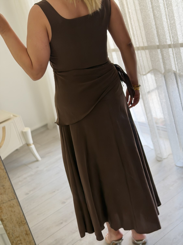Kare Yaka  Tensel Kumaş Elbise KAHVE-23YELB000166
