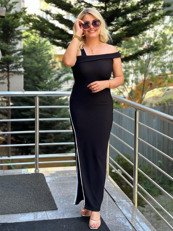 Kaşkorse Kol Detaylı Biyeli Elbise SİYAH-23YELB000119