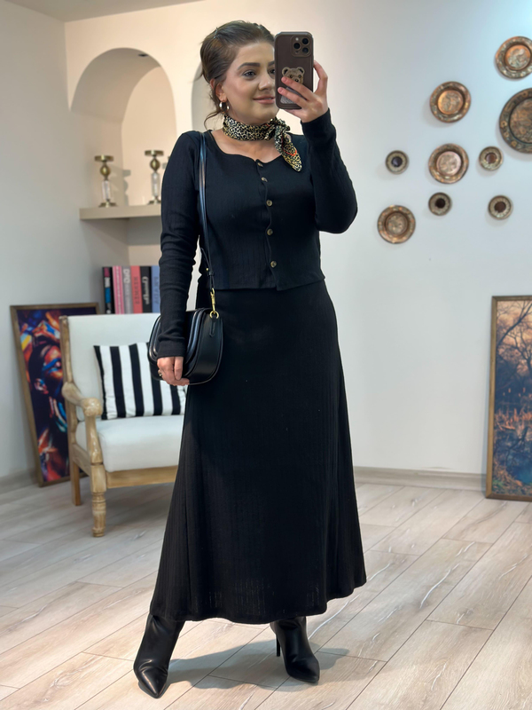 Kaşkorse Pamuk Kumaş Etek Bluz Takım SİYAH-23KUST000121