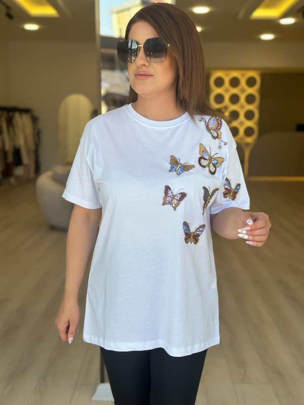 Kelebek Baskı DetaylI Tshirt BEYAZ-23YUST000236