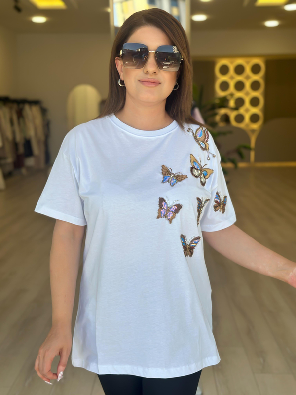 Kelebek Baskı DetaylI Tshirt BEYAZ-23YUST000236