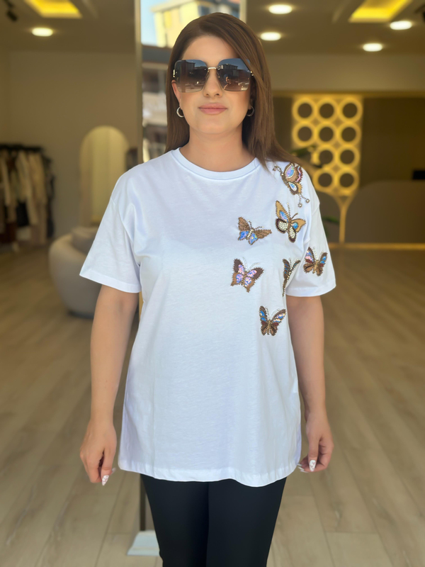 Kelebek Baskı DetaylI Tshirt BEYAZ-23YUST000236