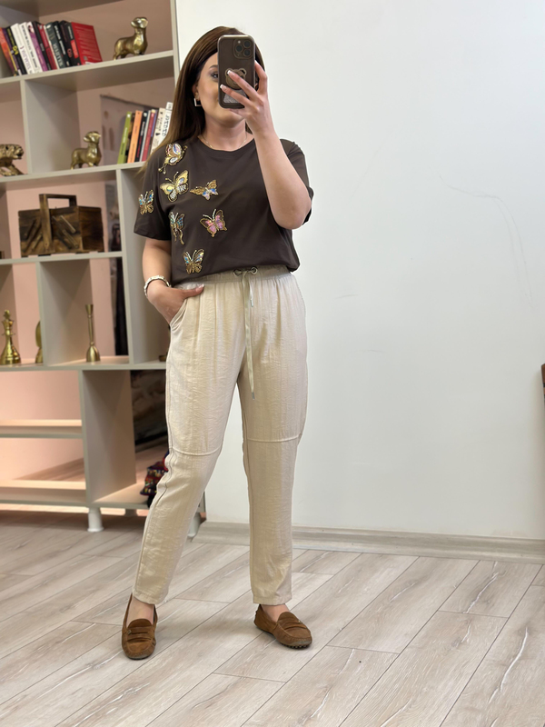 Kelebek Baskı DetaylI Tshirt KAHVE-23YUST000236