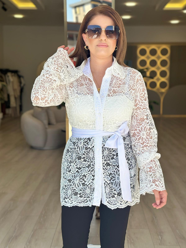 Kemerli Dantel Gömlek BEYAZ-23YUST000167