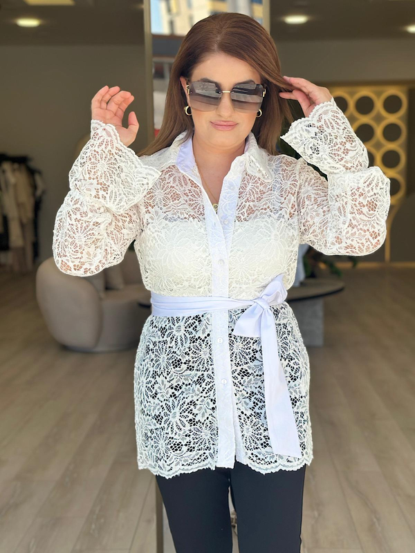 Kemerli Dantel Gömlek BEYAZ-23YUST000167