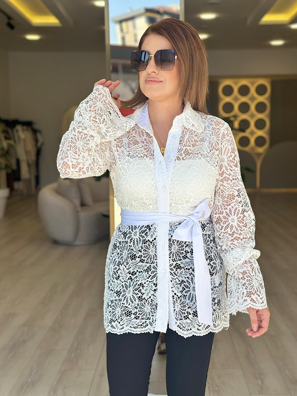 Kemerli Dantel Gömlek BEYAZ-23YUST000167