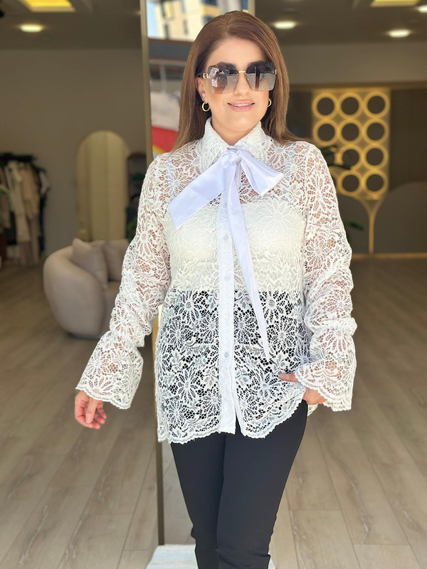 Kemerli Dantel Gömlek BEYAZ-23YUST000167