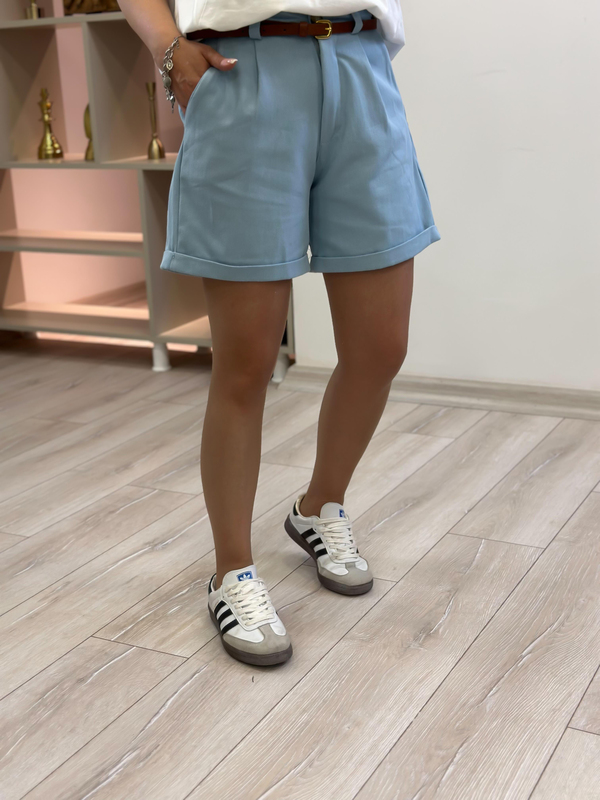 Kemerli Gabrdin Kumaş Şehir Boy Şort BEBE MAVİ-23YALT000060