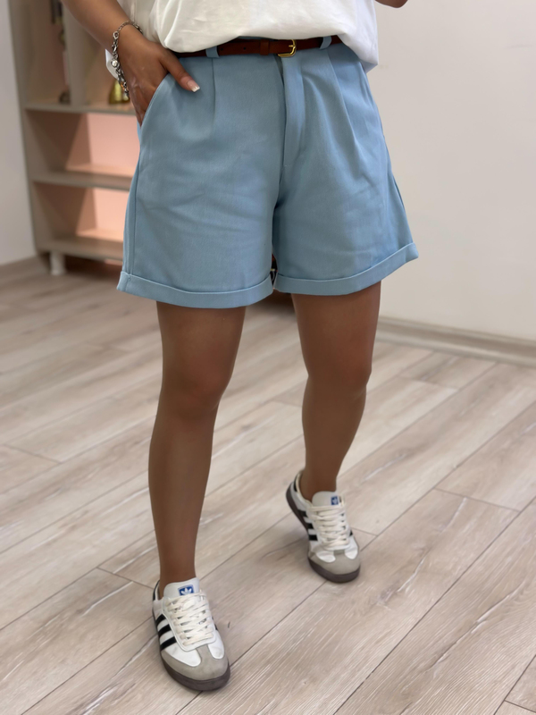 Kemerli Gabrdin Kumaş Şehir Boy Şort BEBE MAVİ-23YALT000060