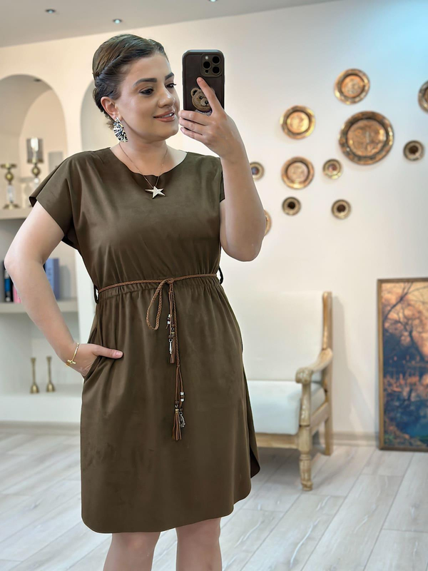 Kemerli Kısa Kol Nubuk elbise TABA-23YELB000163