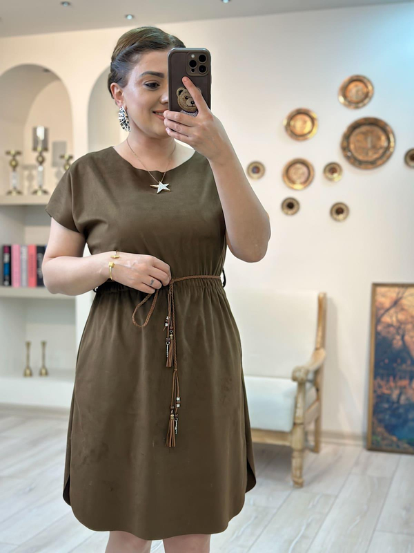 Kemerli Kısa Kol Nubuk elbise TABA-23YELB000163