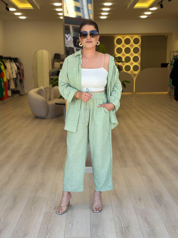 Keten Gömlek Pantolon Takım Mint-23YUST000104