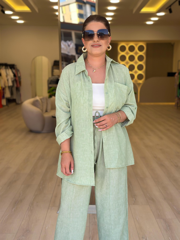 Keten Gömlek Pantolon Takım Mint-23YUST000104