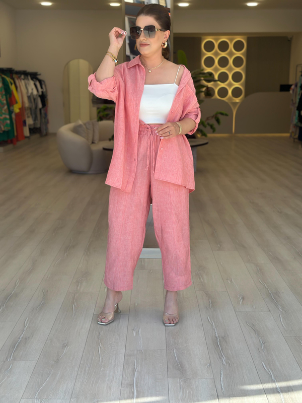 Keten Gömlek Pantolon Takım PEMBE-23YUST000104