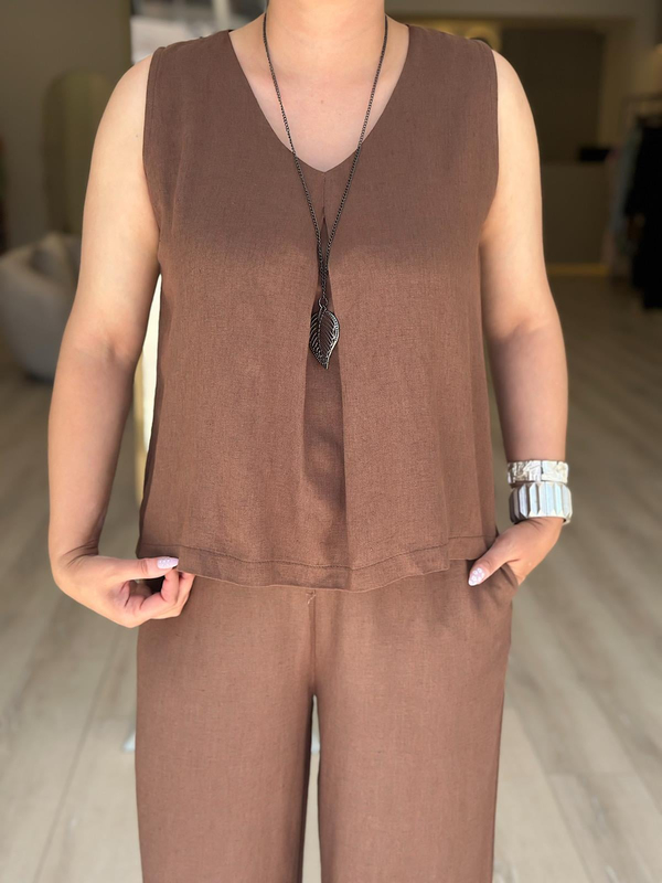 Keten V Yaka Bluz Pantolon Takım KAHVE-23YUST000280
