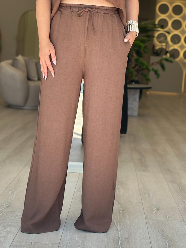 Keten V Yaka Bluz Pantolon Takım KAHVE-23YUST000280