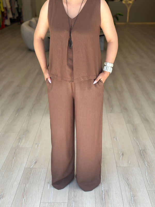 Keten V Yaka Bluz Pantolon Takım KAHVE-23YUST000280