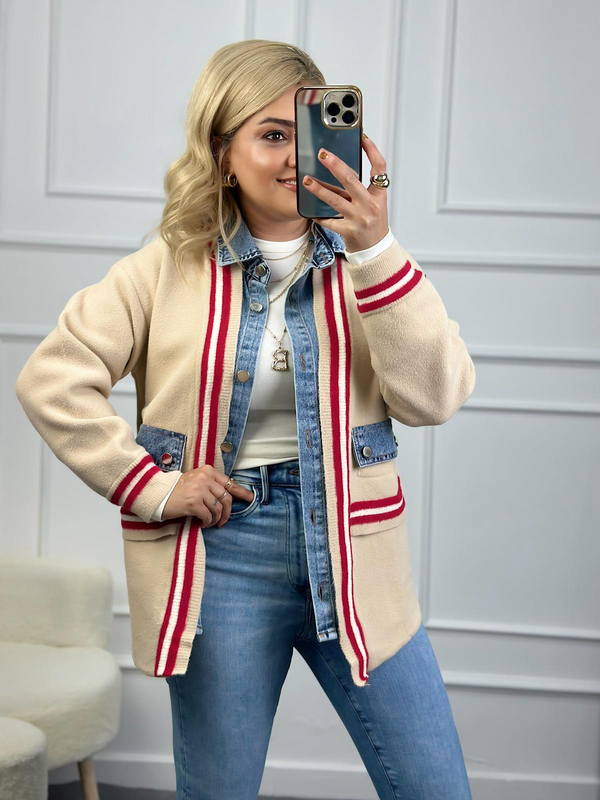 Kırmızı Şeritli Kot Detaylı Premıum Hırka EKRU-23KDIS000035