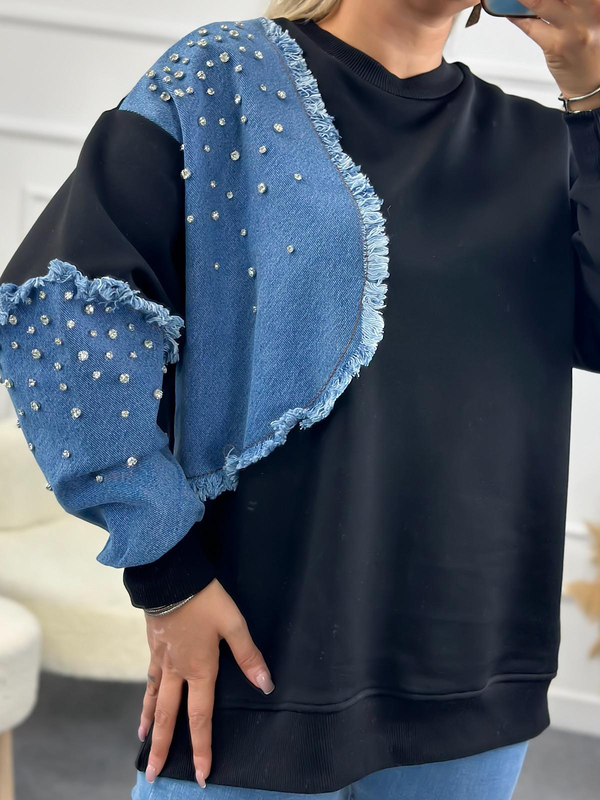 Kol Ve Omuzu Kot Garinli Taş İşlemli Bisiklet Yaka Sweatshirt SİYAH-23YUST000147