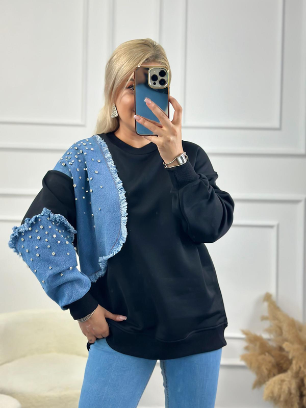 Kol Ve Omuzu Kot Garinli Taş İşlemli Bisiklet Yaka Sweatshirt SİYAH-23YUST000147