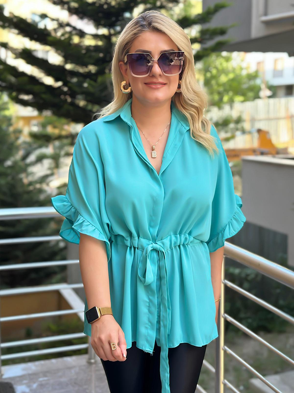 Kolları Fırfırlı Belden Büzgü Detaylı Gömlek Bluz MAVİ-23YUST000127