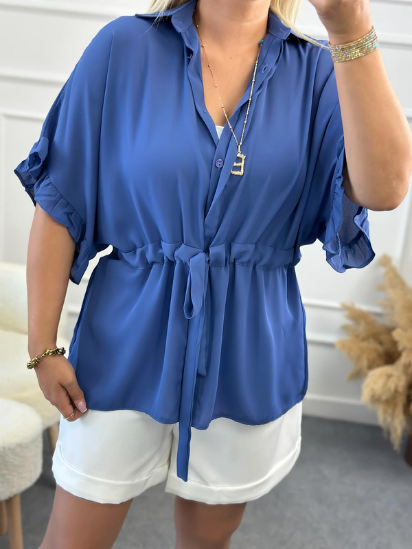 Kolları Fırfırlı Belden Büzgü Detaylı Gömlek Bluz İNDİGO-23YUST000127