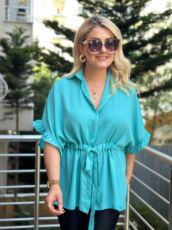 Kolları Fırfırlı Belden Büzgü Detaylı Gömlek Bluz MAVİ-23YUST000127