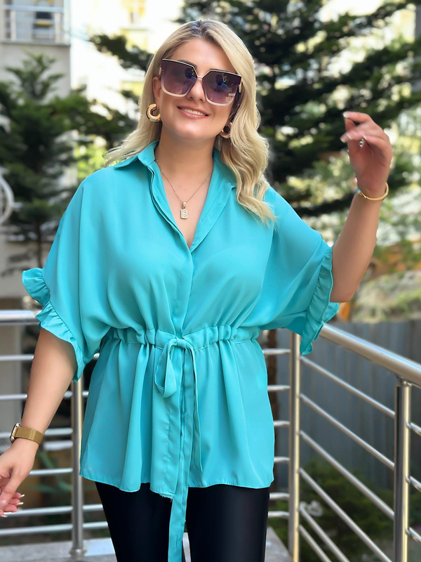 Kolları Fırfırlı Belden Büzgü Detaylı Gömlek Bluz MAVİ-23YUST000127