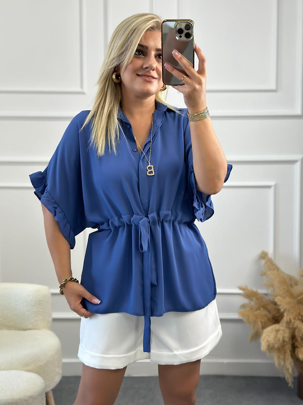 Kolları Fırfırlı Belden Büzgü Detaylı Gömlek Bluz İNDİGO-23YUST000127