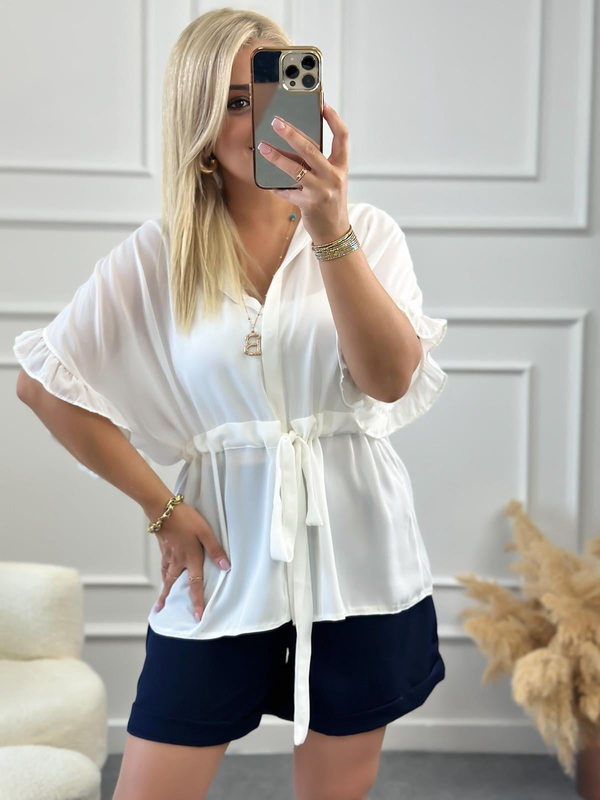 Kolları Fırfırlı Belden Büzgü Detaylı Gömlek Bluz BEYAZ-23YUST000127