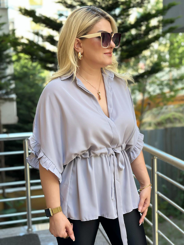 Kolları Fırfırlı Belden Büzgü Detaylı Gömlek Bluz GRİ-23YUST000127