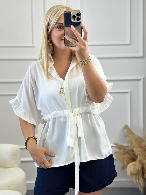 Kolları Fırfırlı Belden Büzgü Detaylı Gömlek Bluz BEYAZ-23YUST000127