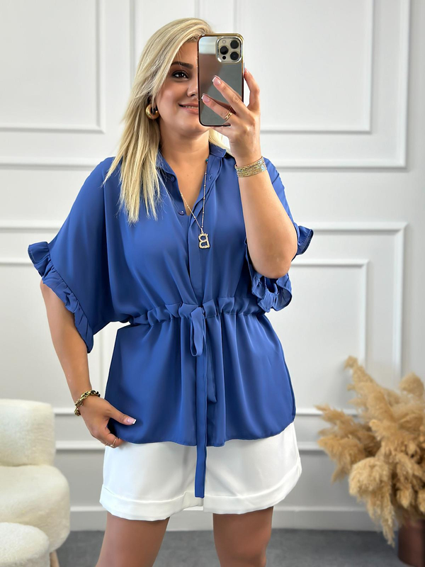 Kolları Fırfırlı Belden Büzgü Detaylı Gömlek Bluz İNDİGO-23YUST000127
