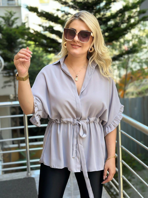 Kolları Fırfırlı Belden Büzgü Detaylı Gömlek Bluz GRİ-23YUST000127