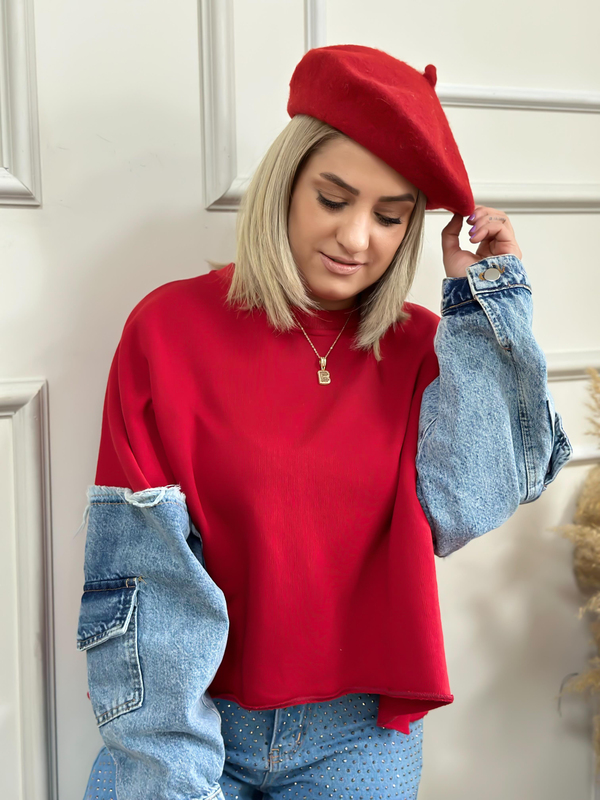 Kolları Kot Detaylı Sweatshirt KIRMIZI-23KUST000030