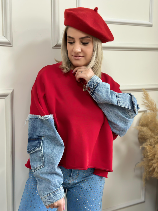 Kolları Kot Detaylı Sweatshirt KIRMIZI-23KUST000030