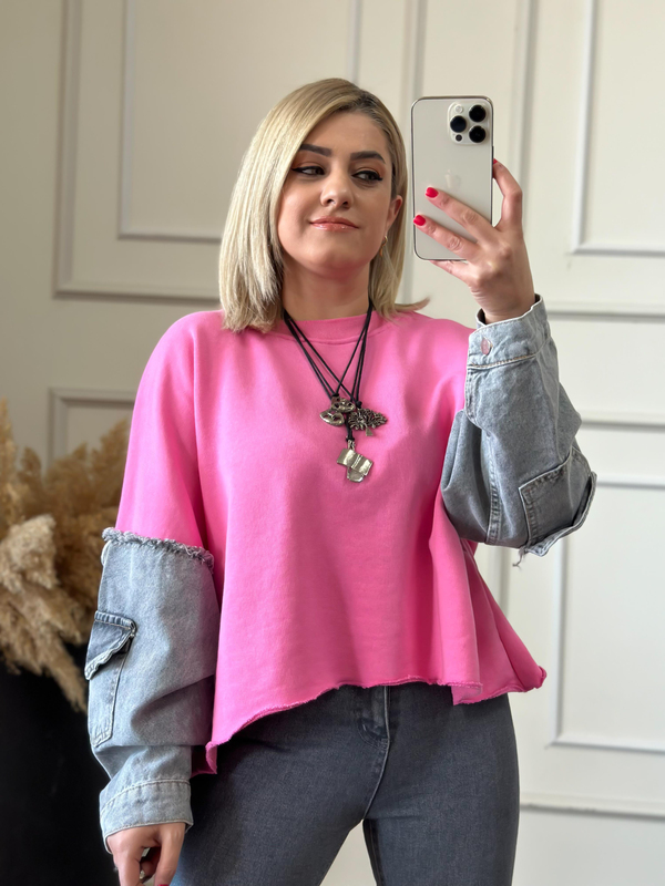 Kolları Kot Detaylı Sweatshirt PEMBE-23KUST000030