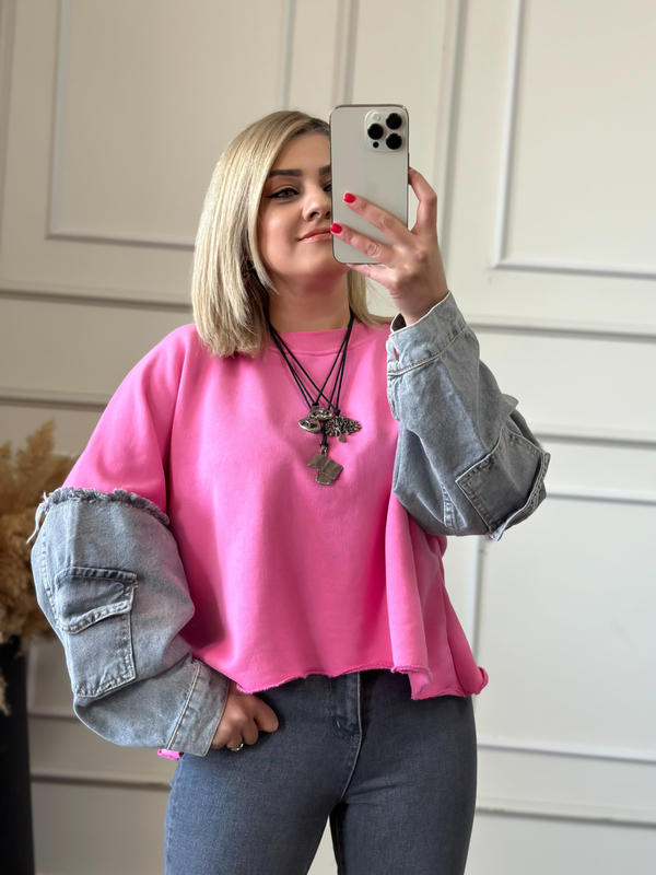 Kolları Kot Detaylı Sweatshirt PEMBE-23KUST000030