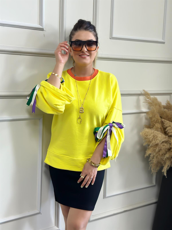 Kolları Renkli Kurdele Detaylı Sweatshırt Sarı-23KUST000029