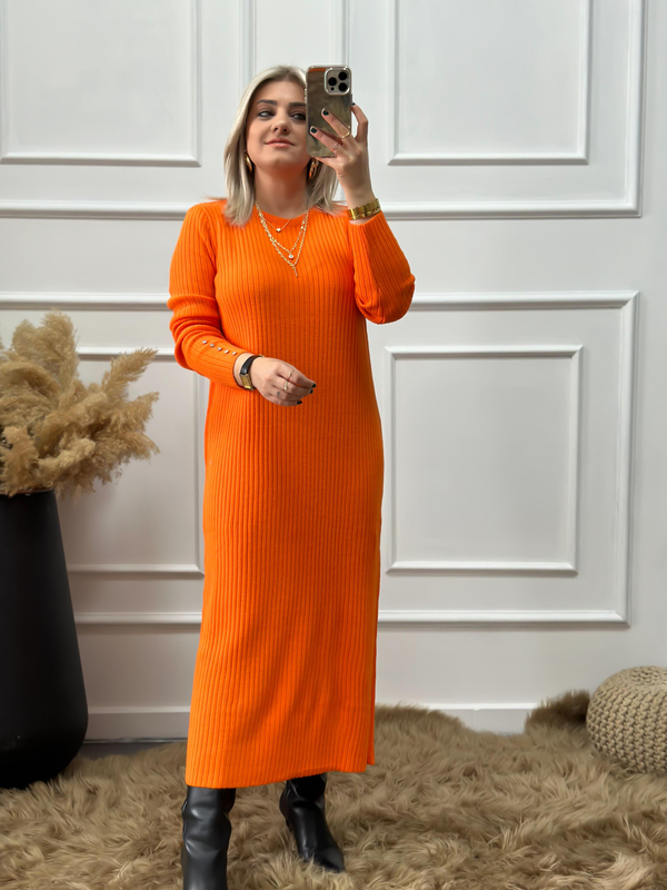 Kolları Taş Detaylı Uzun Triko Elbise ORANGE-23KELB000007
