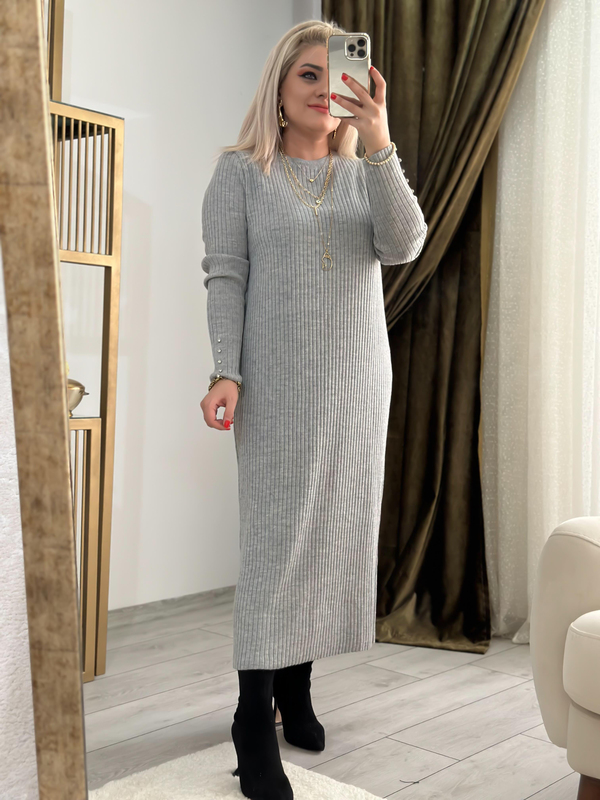 Kolları Taş Detaylı Uzun Triko Elbise GRİ-23KELB000007