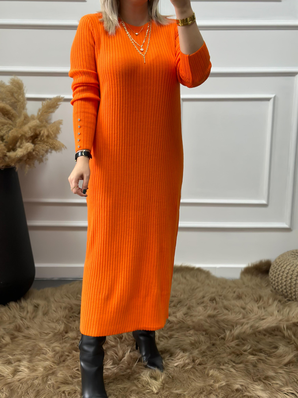 Kolları Taş Detaylı Uzun Triko Elbise ORANGE-23KELB000007