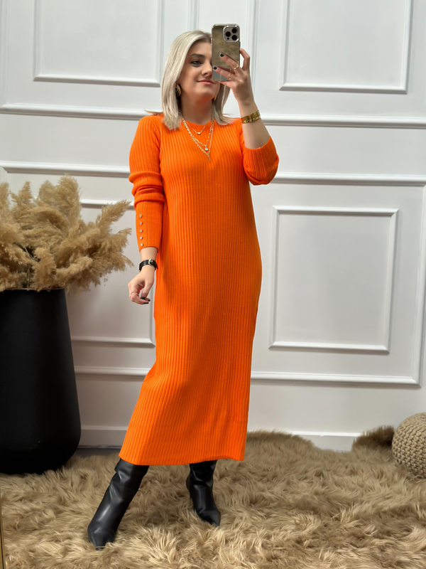 Kolları Taş Detaylı Uzun Triko Elbise ORANGE-23KELB000007