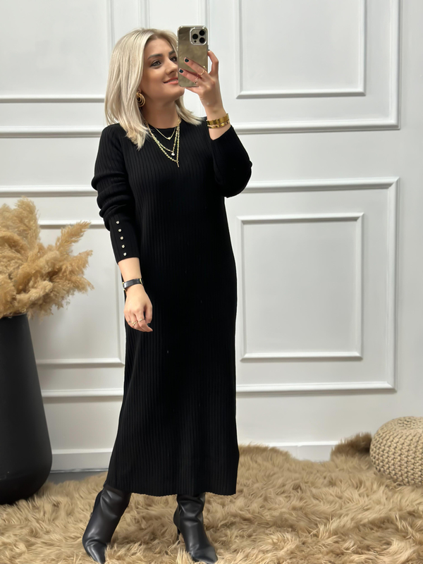 Kolları Taş Detaylı Uzun Triko Elbise SİYAH-23KELB000007