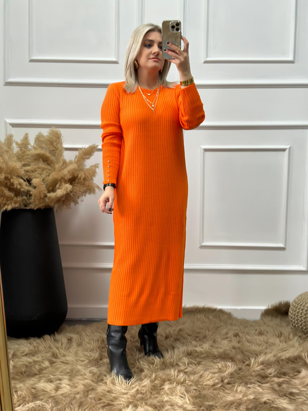 Kolları Taş Detaylı Uzun Triko Elbise ORANGE-23KELB000007