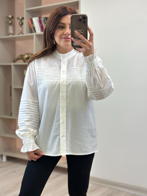Kolu Lastik Detaylı Keten Gömlek EKRU-23YUST000196
